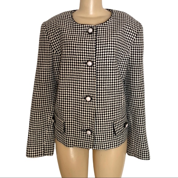 VTG Michel Antoni Harlequin Gingham Checkered Blk White Wool Suit Jacket Blazer - Picture 3 of 7